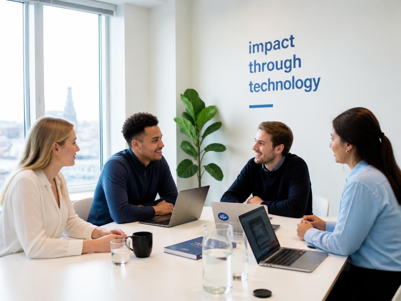 A team of professionals meeting with student collaborators in a bright office